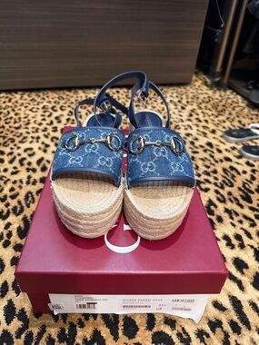 Gucci Denim Monogram Platform Espadrille Sandals in Blue